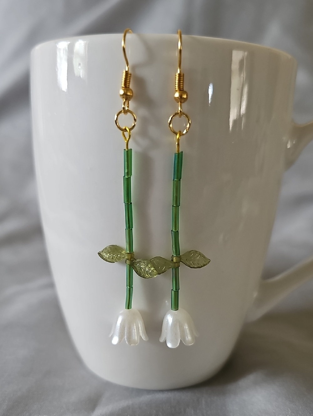 White and Green Flower Earrings
